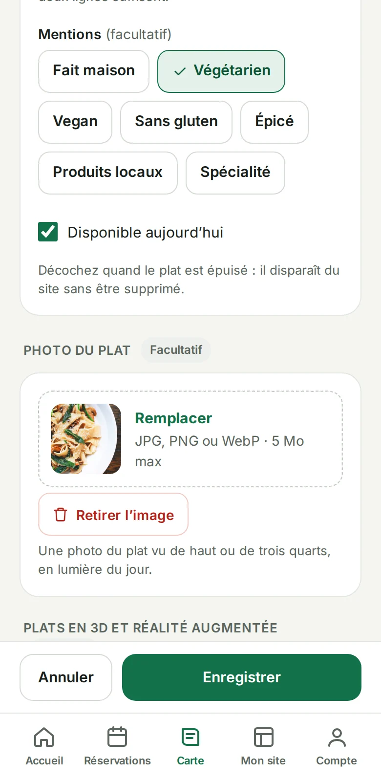 La fiche d'un plat : les mentions (fait maison, végétarien…) et la photo