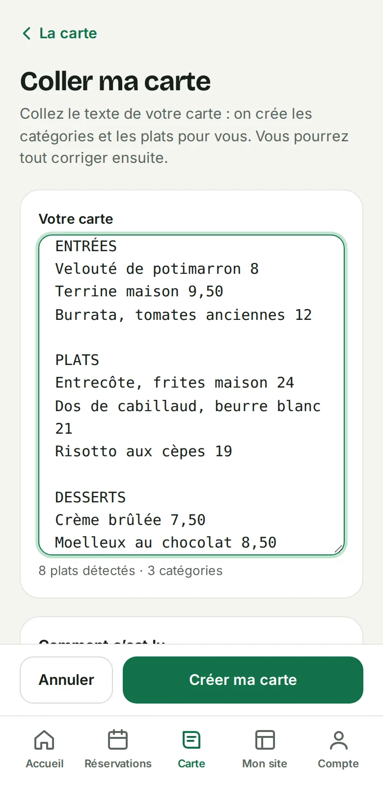 Écran « Coller ma carte » : le texte collé, 8 plats et 3 catégories détectés