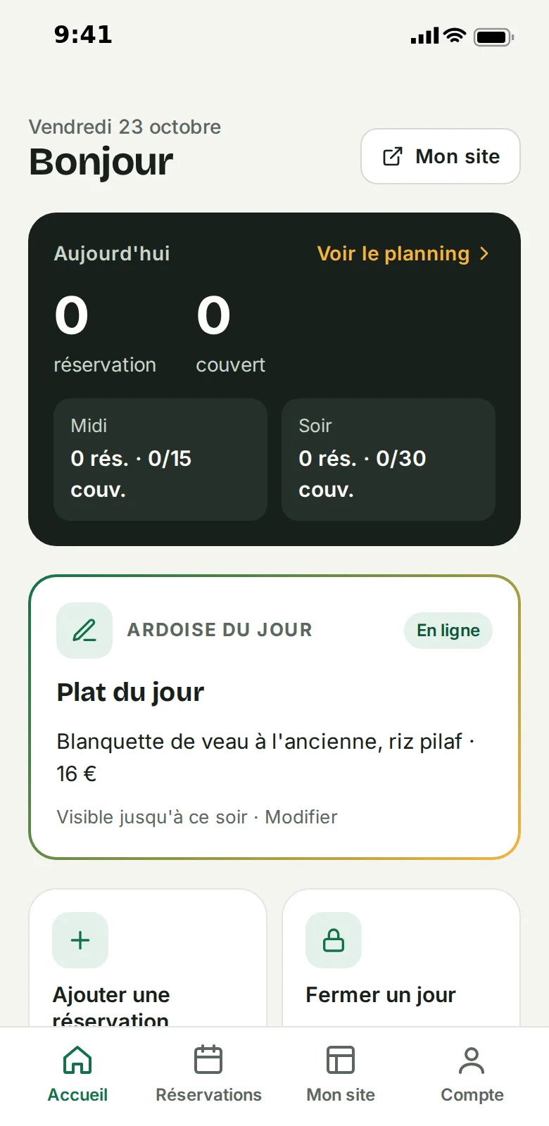 Tableau de bord du restaurateur sur mobile