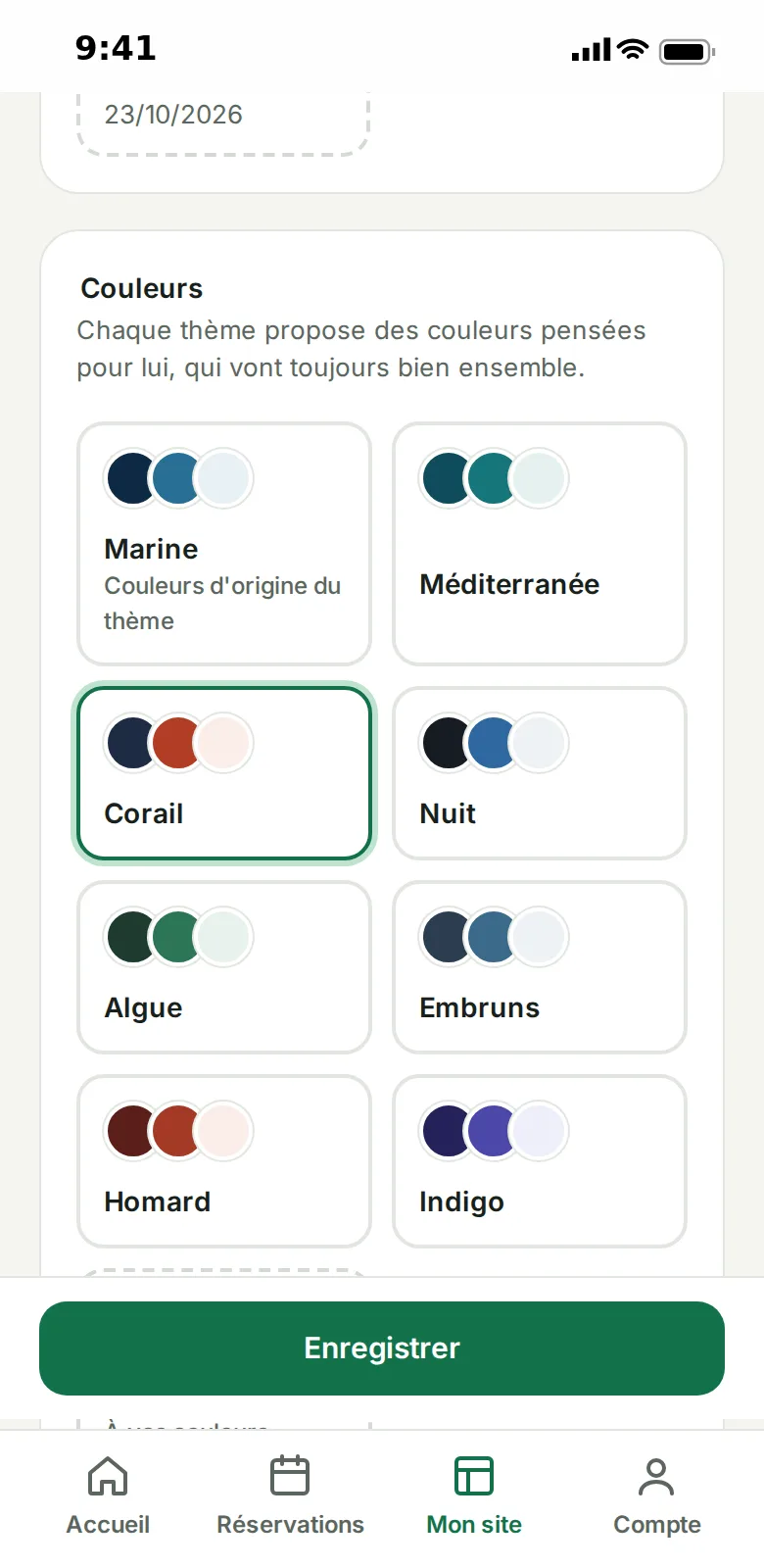 Choix du design et des couleurs du site, avec l'aperçu
