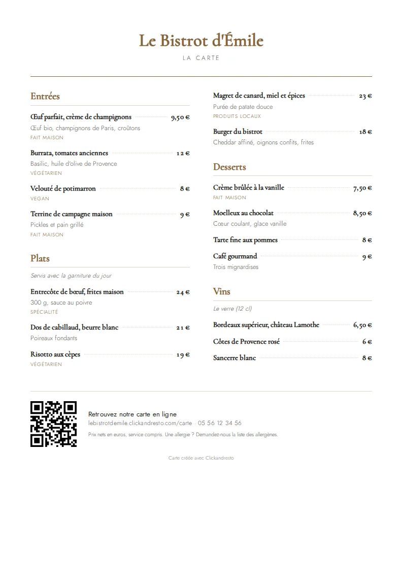 Carte de restaurant imprimée en A4 : entrées, plats, desserts et vins, avec un QR code vers la carte en ligne