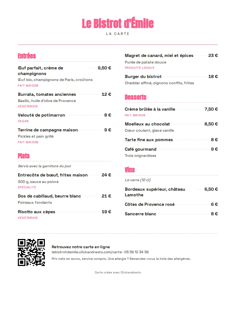 Carte imprimée d'un restaurant, style street food