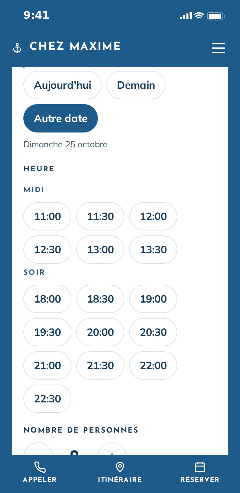Formulaire de réservation en ligne sur le site d'un restaurant
