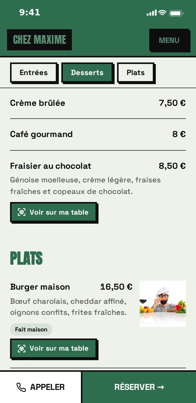Carte d'un restaurant : un bouton « Voir sur ma table » sous le fraisier au chocolat