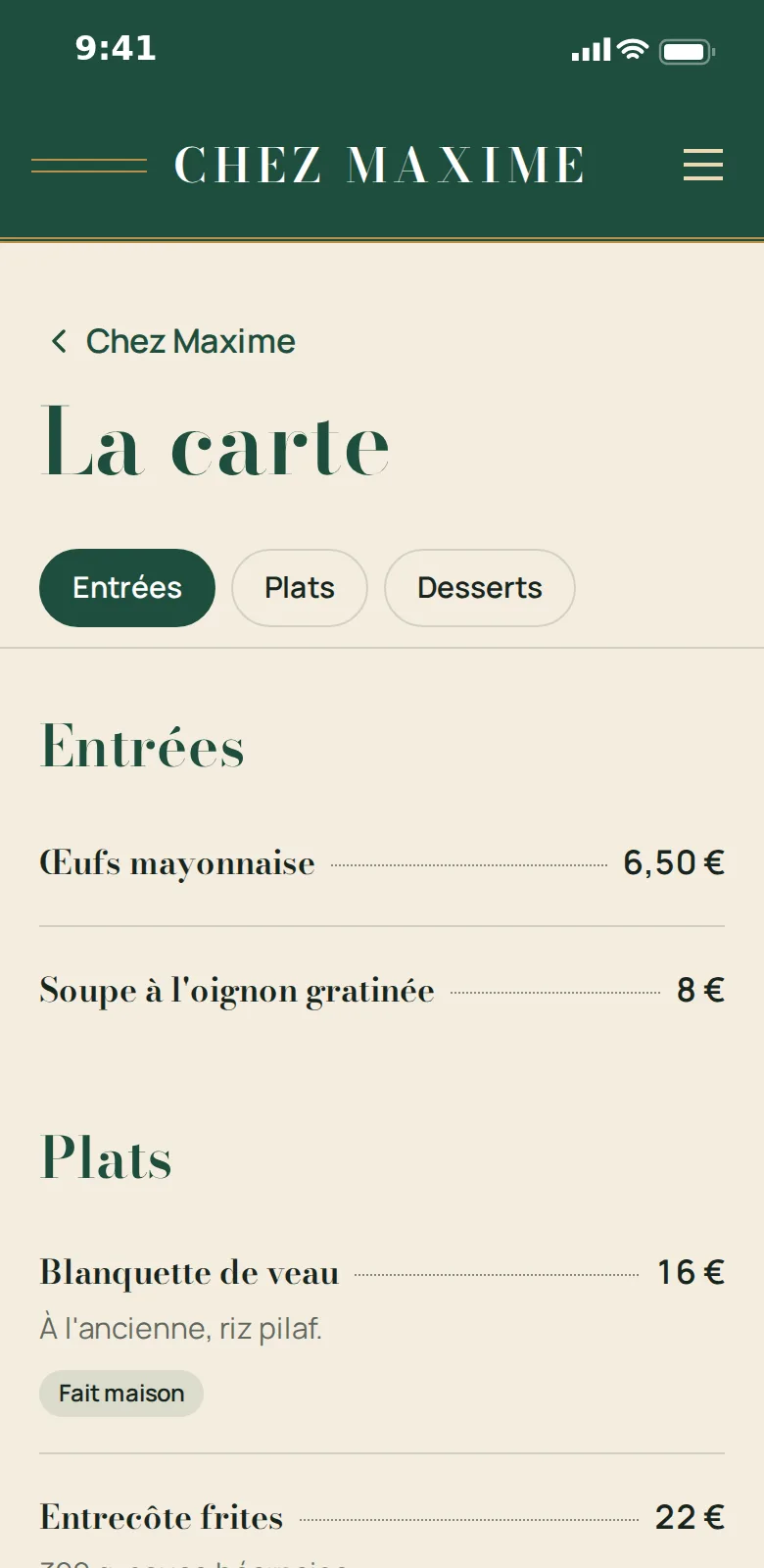 Carte d'une brasserie sur mobile
