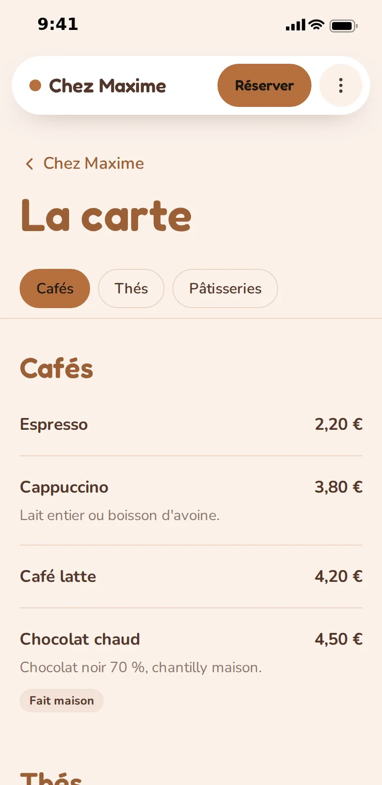 Carte des boissons d'un café sur mobile