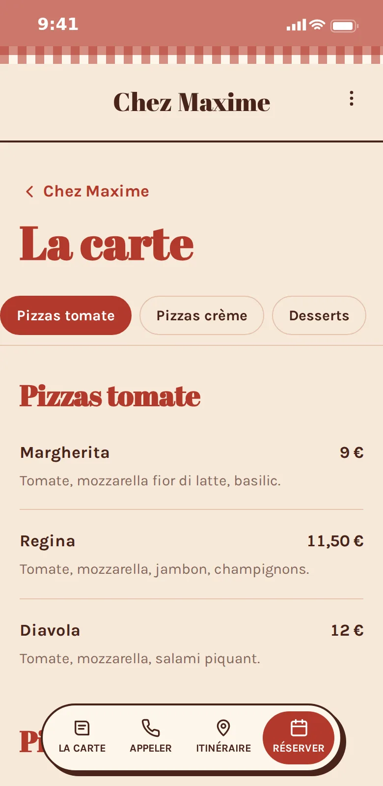 Carte des pizzas d'une pizzeria sur mobile