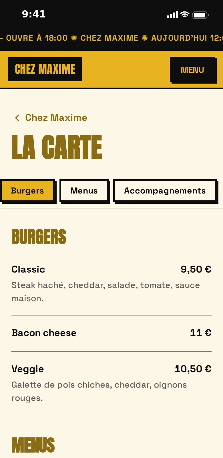 Carte d'un snack sur mobile