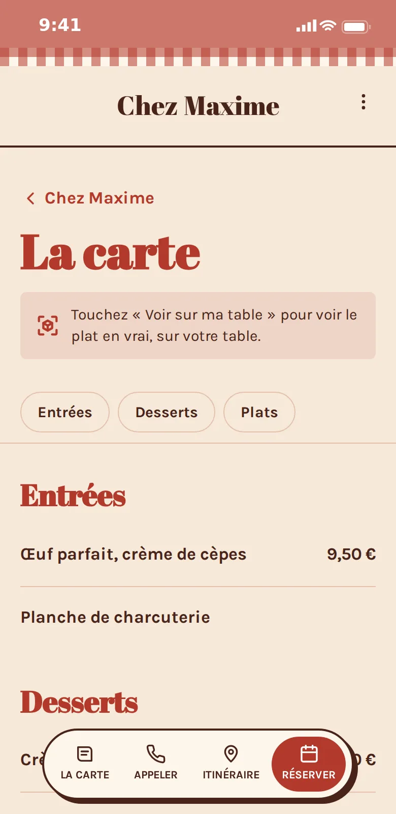 La carte d'une trattoria sur son site, sur téléphone