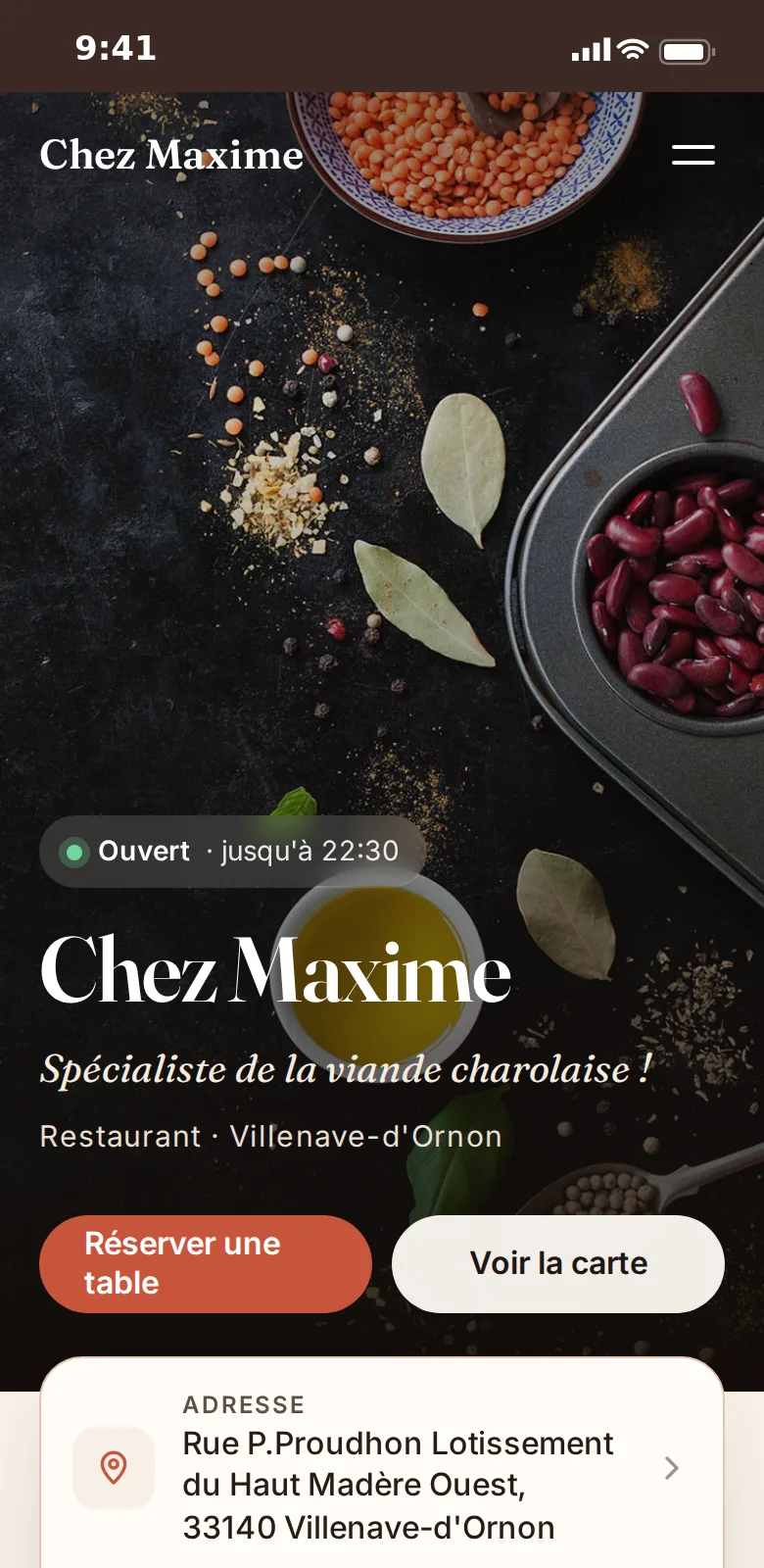 Le même restaurant sur mobile, design Bistrot